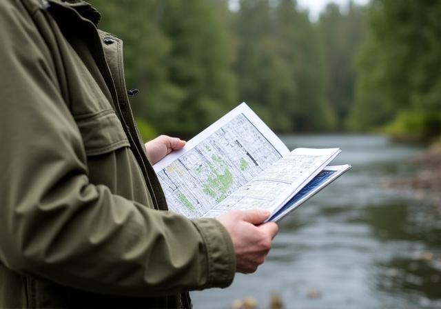 Someone reading a local fishing regulation map and guide book in the outdoors
